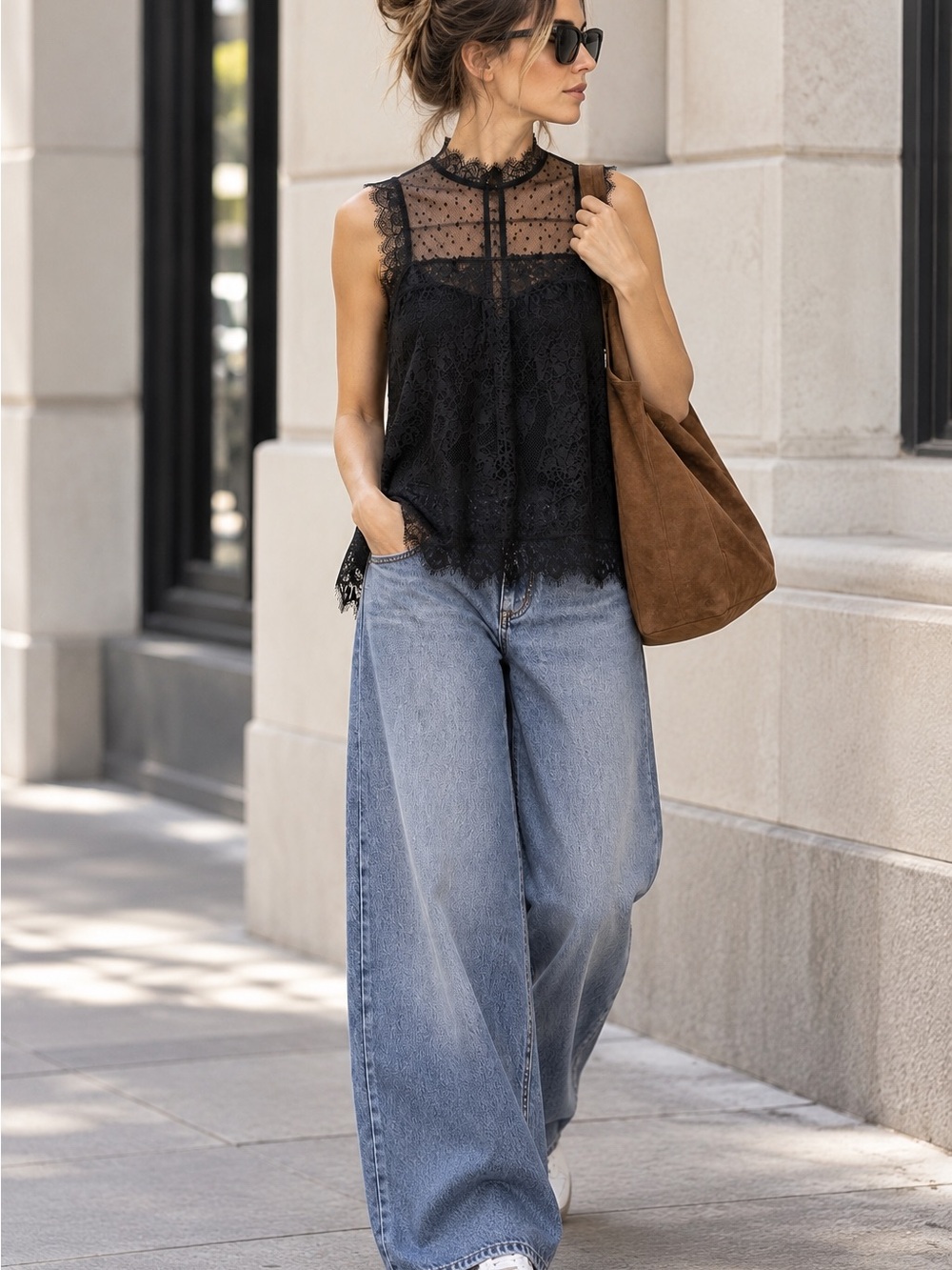 Zara Black Lace & Sheer Polka-Dot Sleeveless Top
